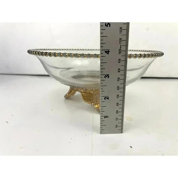 VTG Three Footed Clear Cut Pressed Glass Bowl Gold 3D Embossed Trim - Picture 2 of 13